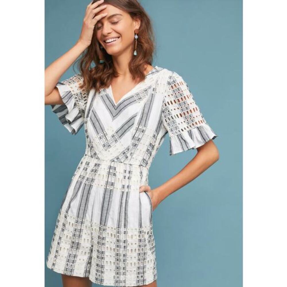 Anthropology By ett:twa Striped Eyelet Romper Size‎ 2 White & Gray
